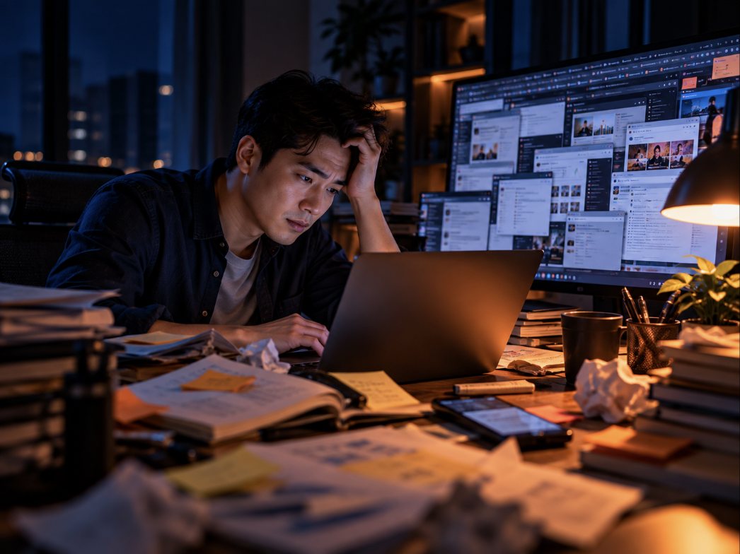 Một người ngồi tự mày mò đến khuya giữa quá nhiều thông tin