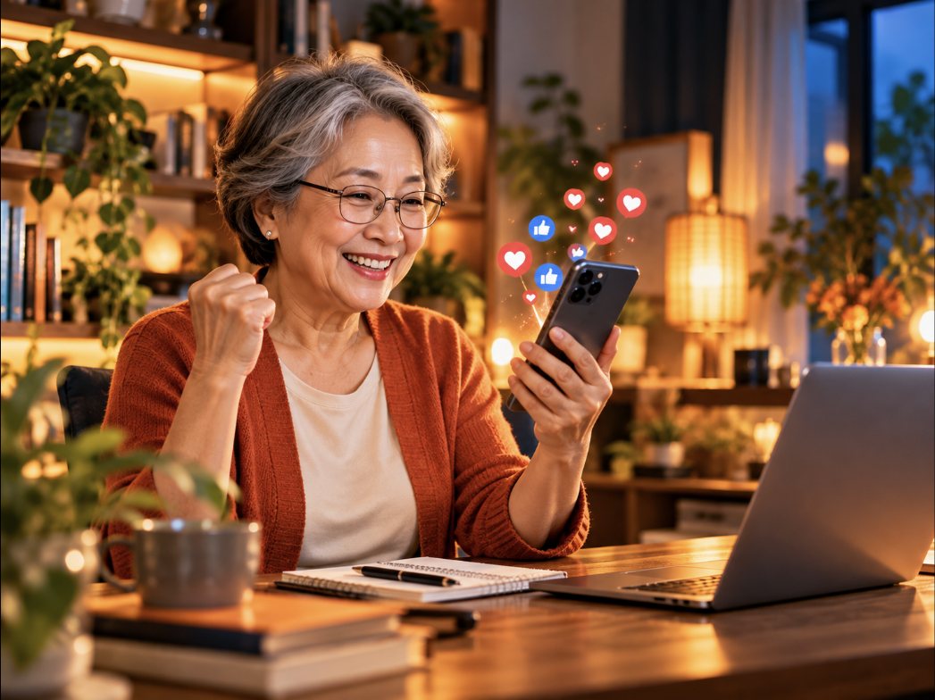 Người phụ nữ lớn tuổi vui mừng khi video trên kênh có nhiều lượt thích